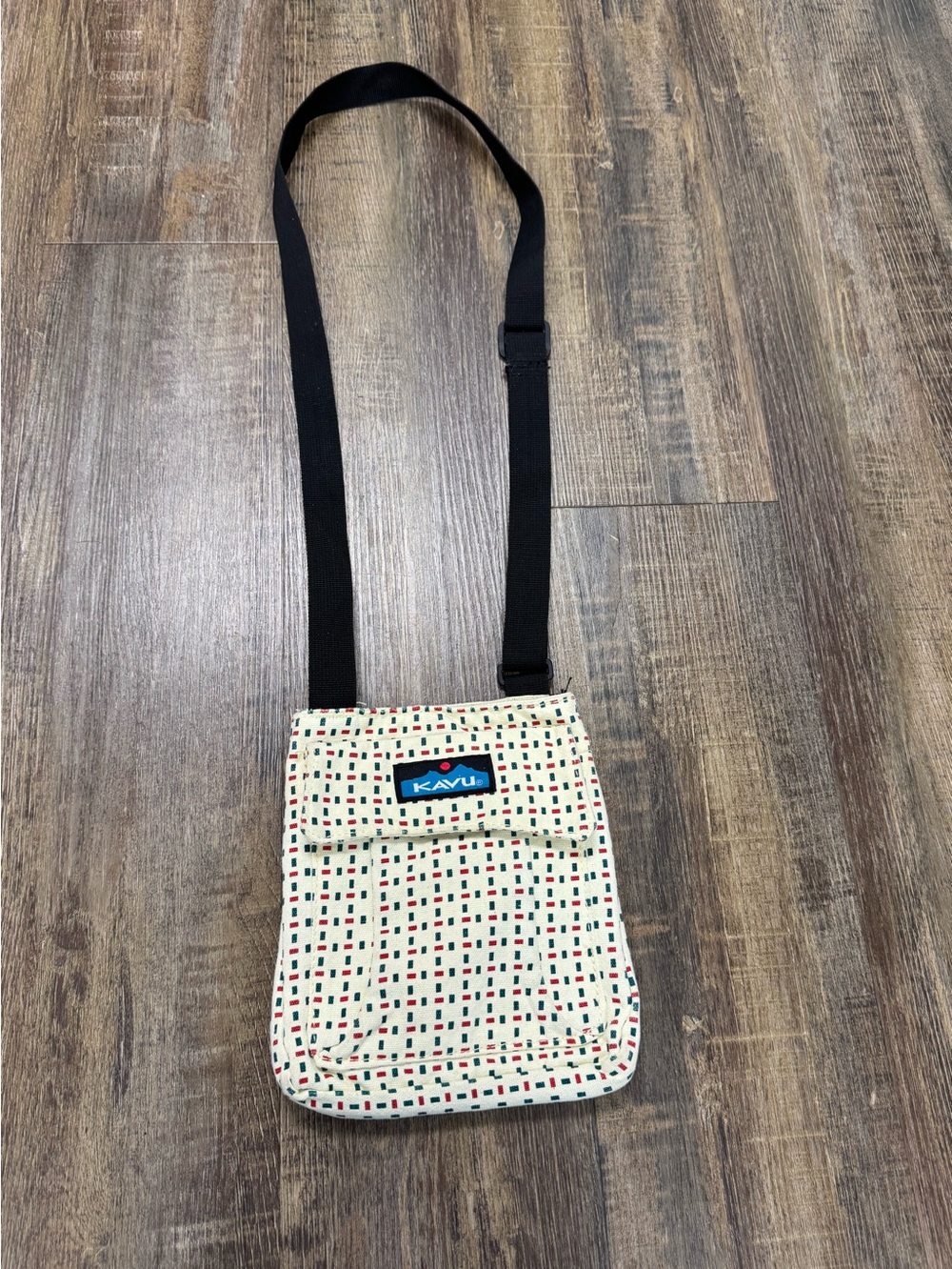 Kavu Cream Crossbody Bag with Black Strap and Red-Green Dot Pattern